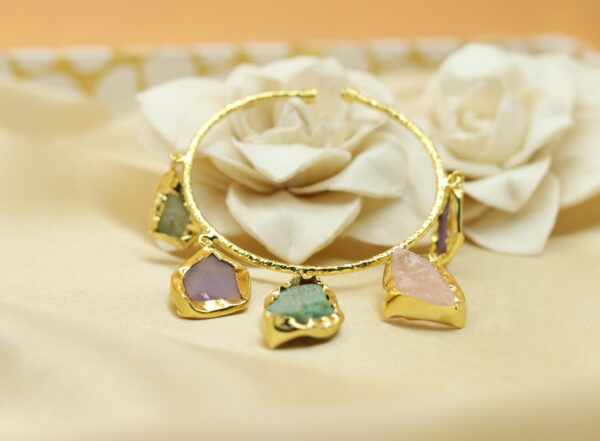 Amethyst Rose Quartz Green Aventurine GC Raw Stone Gold Plated Bracelet